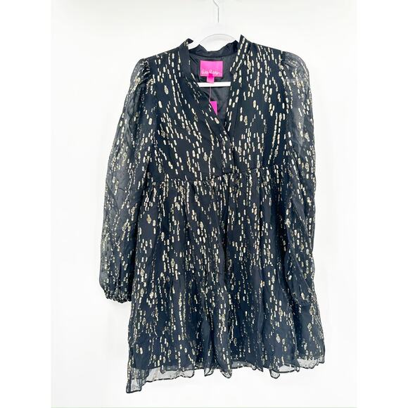 Lilly Pulitzer Winona Silk Swing Dress - Onyx Fish Clip Gold Chiffon XS NWT - Picture 3 of 6